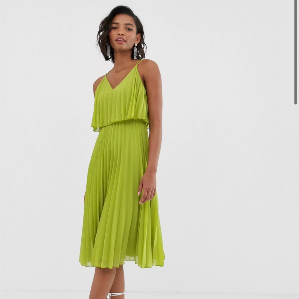 Chartreuse pleated midi dress